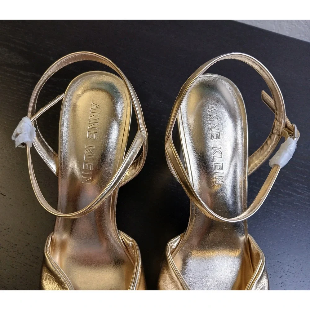 Anne Klein AKVALENTINE-W Gold Metallic Knotted Platform Block Heel Sandals 10W